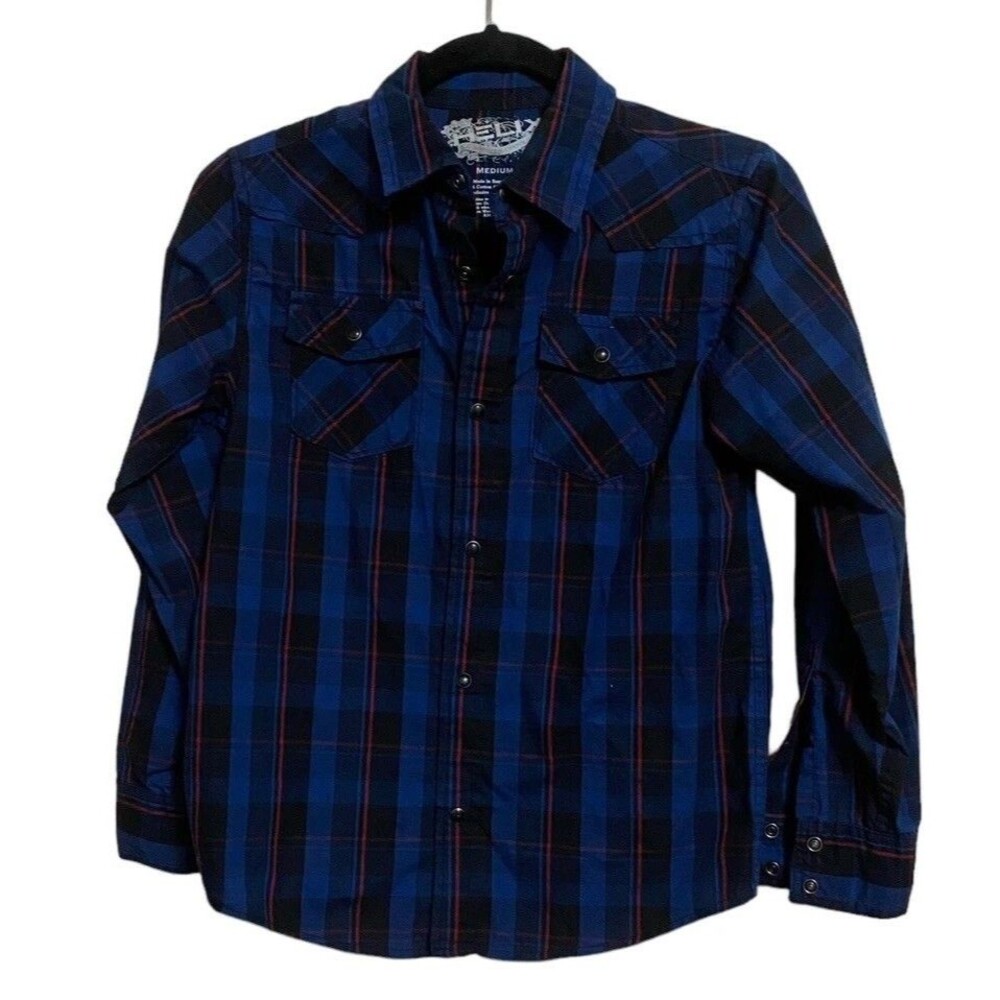 Helix Boys Plaid Western Snap Front Shirt M Blue Black Red Roll Tab Sleeves